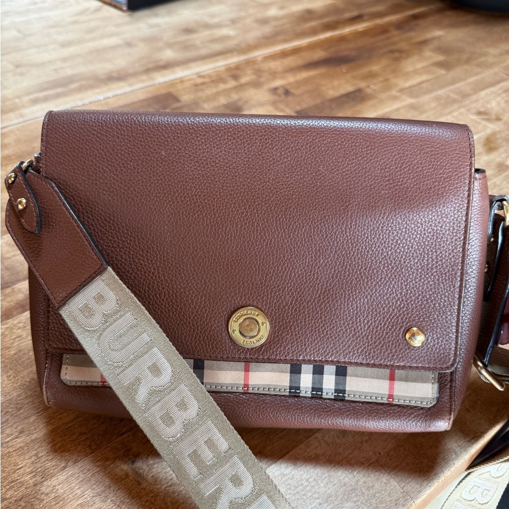 Burberry Brown Leather Messenger Bag with Check Accent and Beige Logo Strap